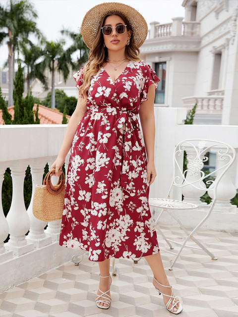 Sztori Women Plus size Floral Printed Wrap Dress