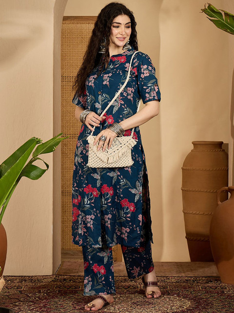 Sangria Floral Printed Cotton Tunic With Trousers Co-Ords