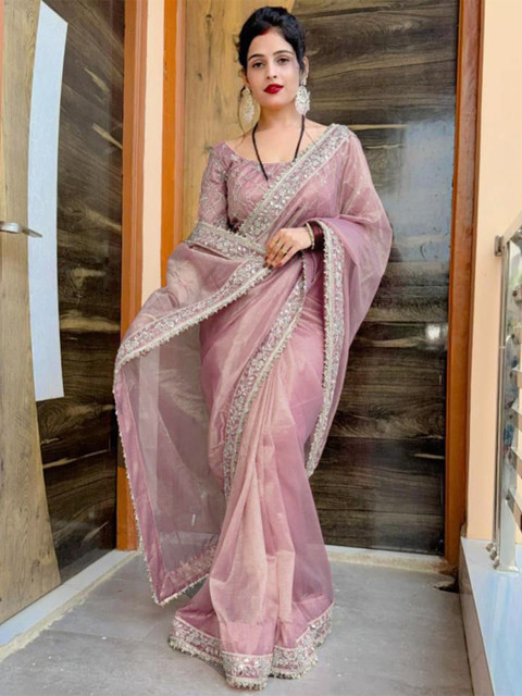 Being Naari Solid Tissue Saree With Mirror Work Border & Embelished Blouse
