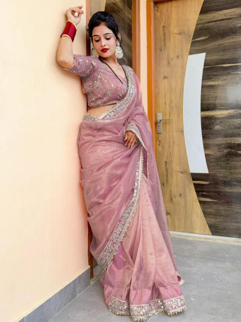 Being Naari Solid Tissue Saree With Mirror Work Border & Embelished Blouse - Image 2
