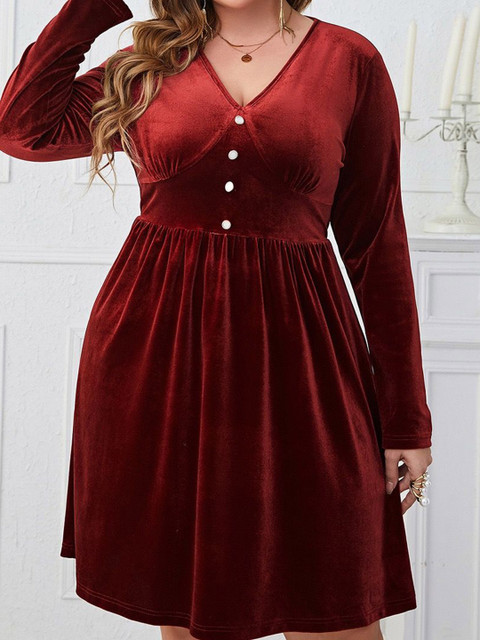 Sztori Women Solid Plus Size Fit and Flare velvet Dress - Image 2
