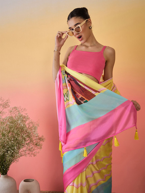 Sangria Colourblocked Satin Saree With Unstitched Blouse - Image 4