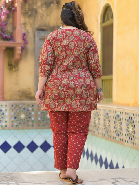 Lee Moda Printed Pure Cotton V-Neck Three Fourth Sleeve Plus Size Tunic & Trouser Co-Ord - Image 4