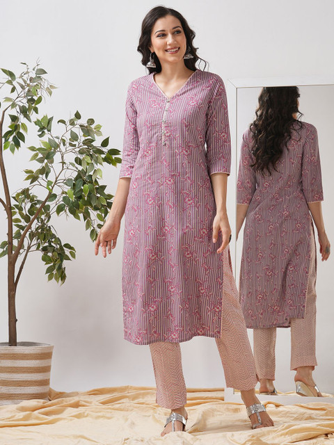 KAMI KUBI Women Floral Printed V Neck Cotton Straight Kurta