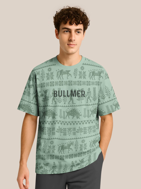 BULLMER Typography Printed Crew Neck Drop Shoulder Oversized T-shirt
