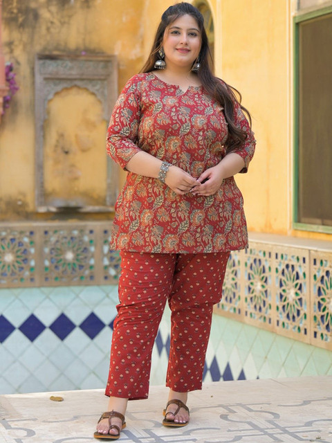 Lee Moda Printed Pure Cotton V-Neck Three Fourth Sleeve Plus Size Tunic & Trouser Co-Ord - Image 5