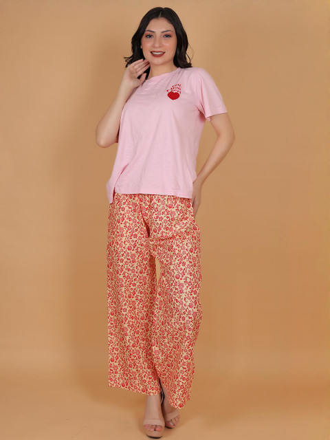 Mytrendzs Women Cream & Red Floral Printed Cotton Palazzo with One Side Pocket