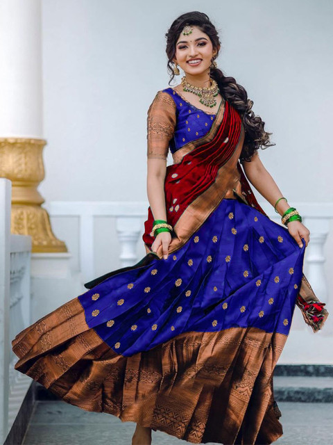 MANMOHITSAREE Woven Design Silk Semi-Stitched Lehenga & Unstitched Blouse With Dupatta