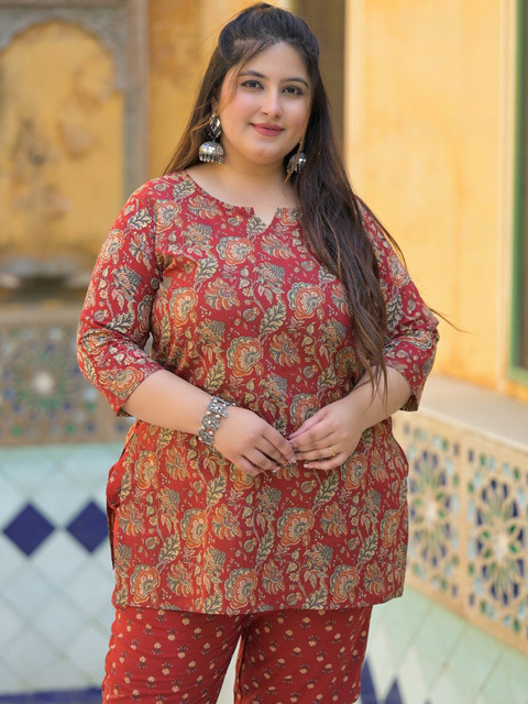 Lee Moda Printed Pure Cotton V-Neck Three Fourth Sleeve Plus Size Tunic & Trouser Co-Ord - Image 6