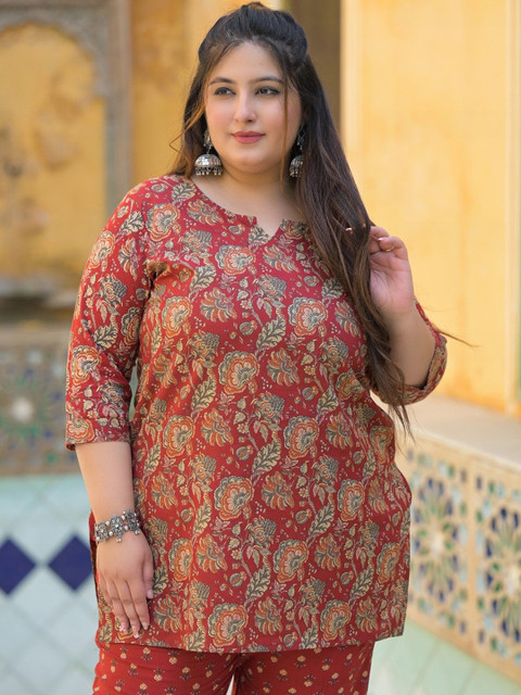 Lee Moda Printed Pure Cotton V-Neck Three Fourth Sleeve Plus Size Tunic & Trouser Co-Ord - Image 7