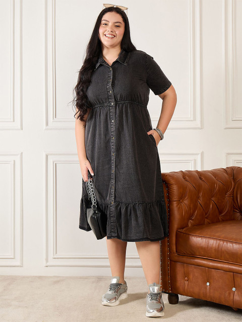 Orchid Blues Women Plus Size Denim Short Sleeves Shirt Midi Dress