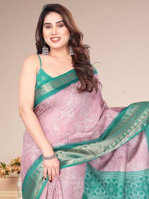 MAGNEITTA Floral Printed Zari Dola Silk Block Print Saree