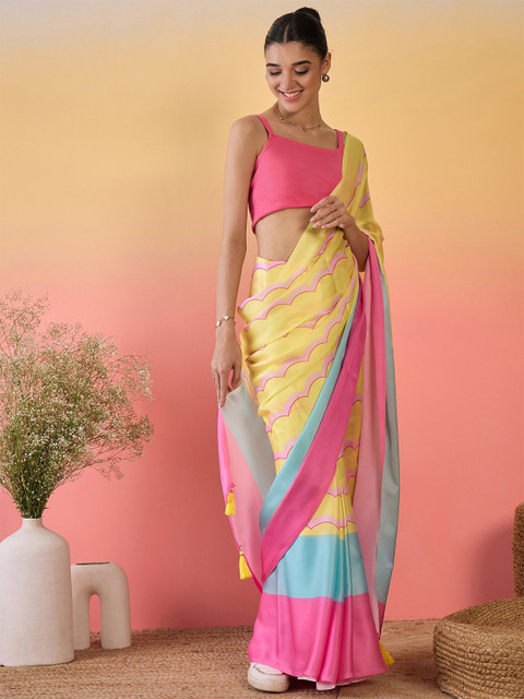 Sangria Colourblocked Satin Saree With Unstitched Blouse - Image 2