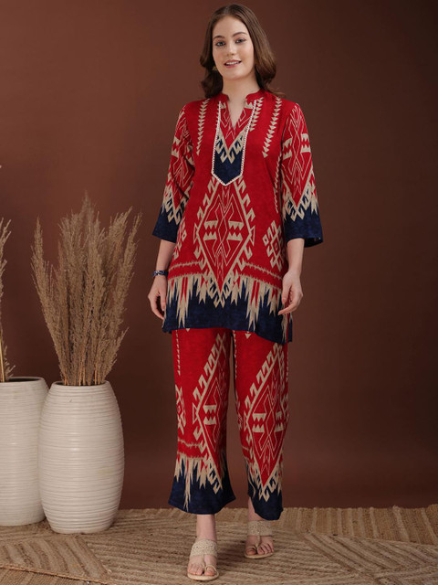 KALINI Printed Mandarin Collar Tunic With Palazzos Co-Ords