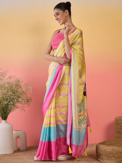 Sangria Colourblocked Satin Saree With Unstitched Blouse
