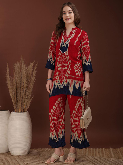 KALINI Printed Mandarin Collar Tunic With Palazzos Co-Ords - Image 3