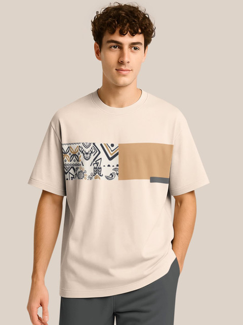 BULLMER Men Abstract Printed Round Neck Oversized T-shirt