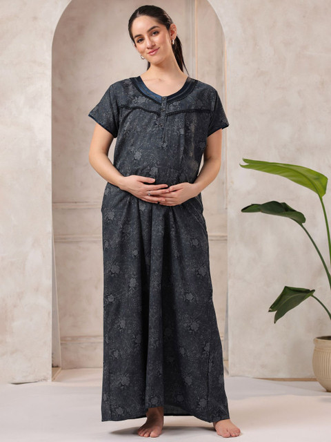 NIGHTSPREE Women Floral Printed Maternity Maxi Nightdress