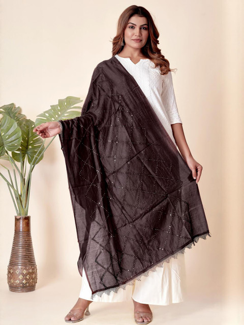 EBADAT Embroidered Camel Brown Cotton Dupatta