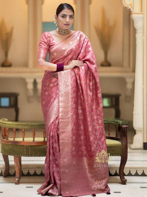 CaniBani Peach Silk Blend Banarasi Sarees