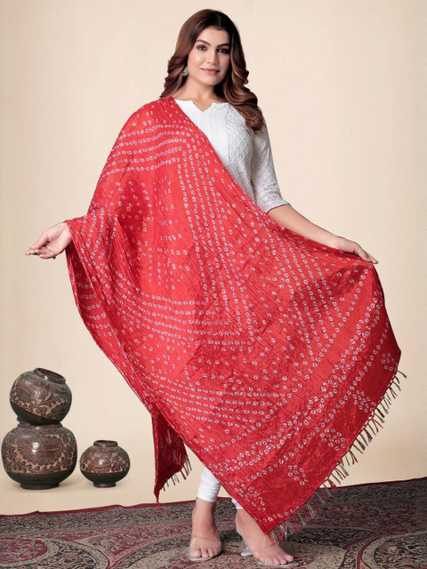 EBADAT Printed Red Art Silk Dupatta
