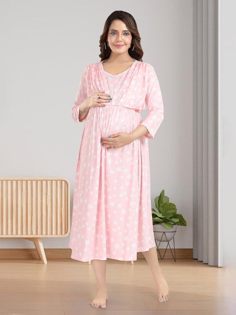 MomsBae Women Stars Printed Maternity Midi Nightdress