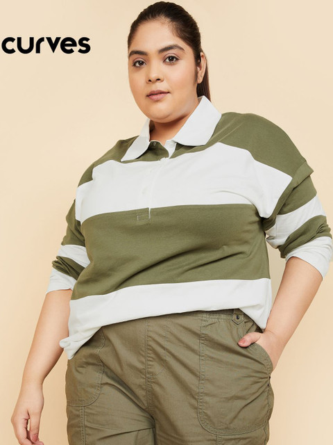 max Women Plus Size Striped Polo Collar Pure Cotton T-shirt