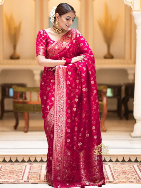 CaniBani Pink Silk Blend Banarasi Sarees