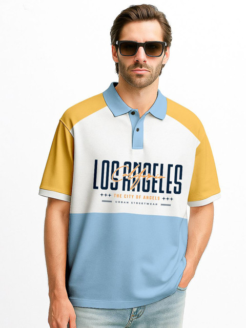 Crazymonk Men Typography Printed Polo Collar Cotton Oversized T-shirt