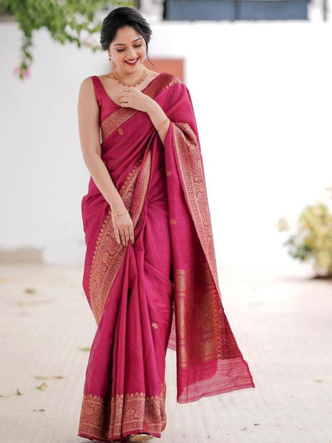 CaniBani Pink Silk Blend Banarasi Sarees
