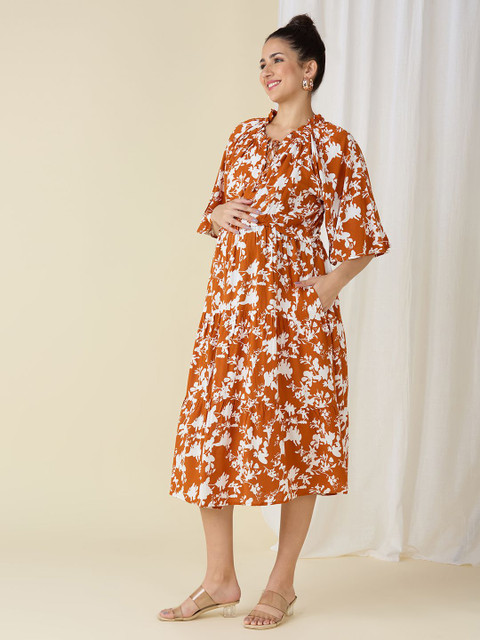 MeeMee Women Floral Print Flared Sleeve Maternity Fit & Flare Dress - Image 4