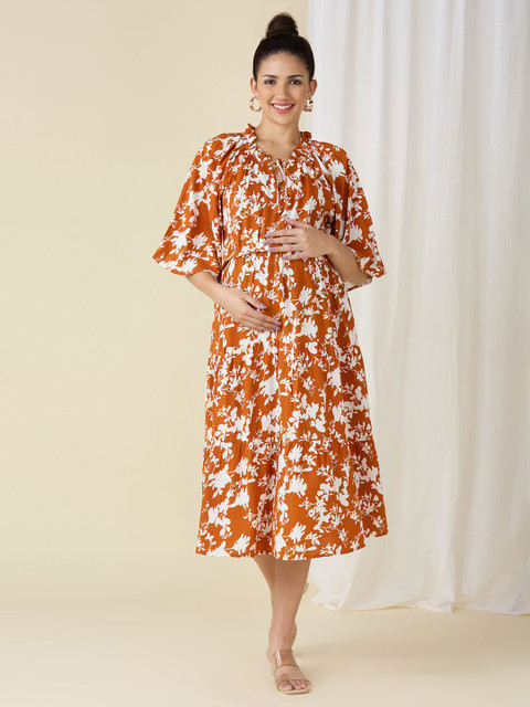 MeeMee Women Floral Print Flared Sleeve Maternity Fit & Flare Dress