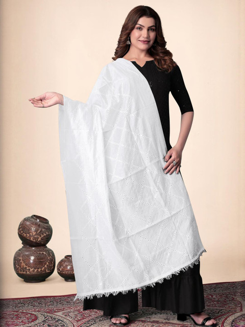 EBADAT Embroidered White Cotton Dupatta