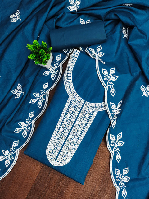 HERE&NOW Floral Embroidered Sequinned Pure Cotton Unstitched Dress Material