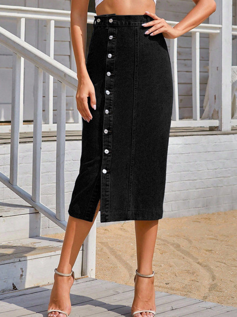 AAHWAN High Waist Side Slit Straight Midi Skirt