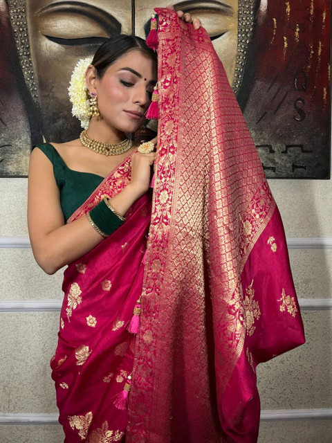 CaniBani Pink Silk Blend Banarasi Sarees - Image 4