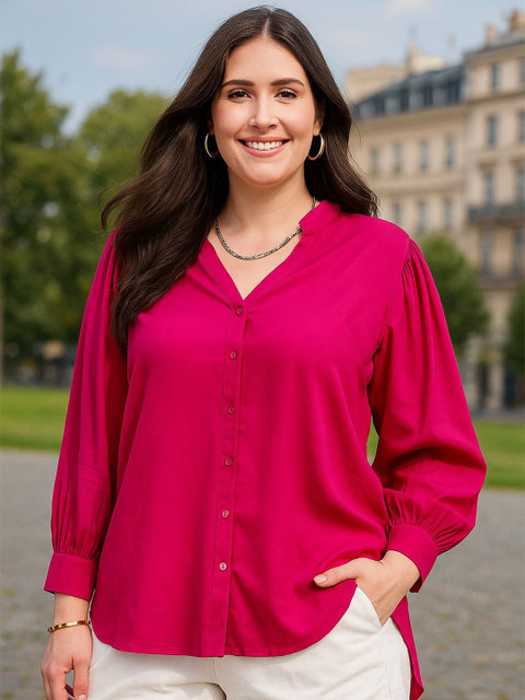 DressBerry Curve Women Classic Fit Solid Mandarin Collar Casual Shirt