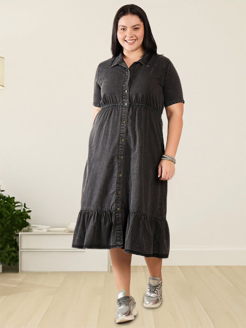 Sztori Women Shirt Collar Denim Fit & Flare Midi Dress