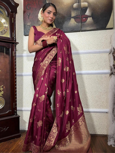 CaniBani Magenta Silk Blend Banarasi Sarees