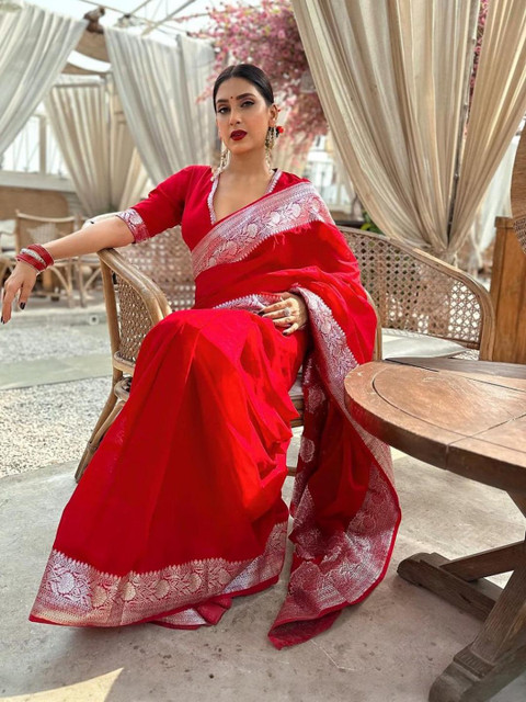 CaniBani Red Silk Blend Banarasi Sarees