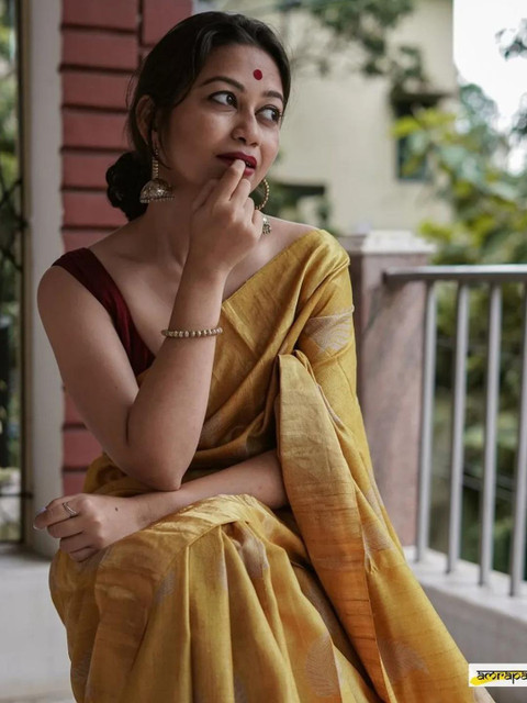 CaniBani Yellow Cotton Blend Banarasi Sarees