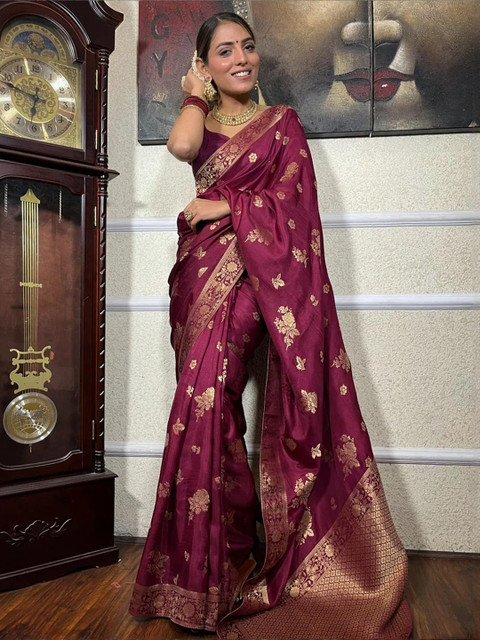 CaniBani Magenta Silk Blend Banarasi Sarees - Image 3