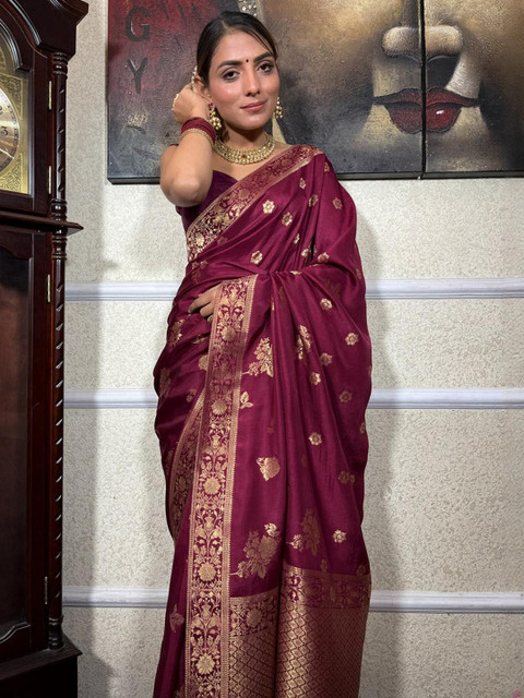 CaniBani Magenta Silk Blend Banarasi Sarees - Image 5