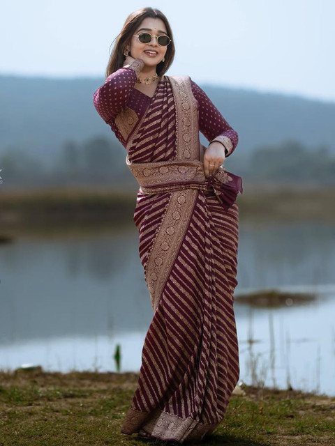 CaniBani Maroon Silk Blend Banarasi Sarees - Image 6