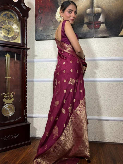 CaniBani Magenta Silk Blend Banarasi Sarees - Image 4