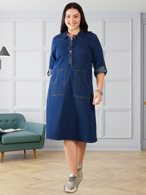 Sztori Plus Size Shirt Collar Denim A-Line Dress