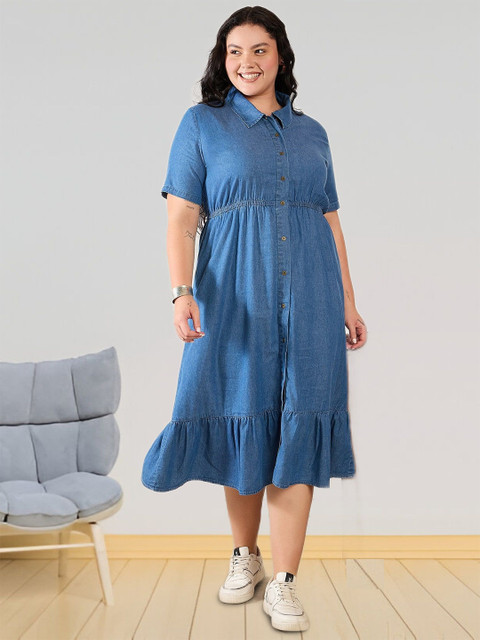 Sztori Women Tiered Pure Cotton Shirt Midi Dress