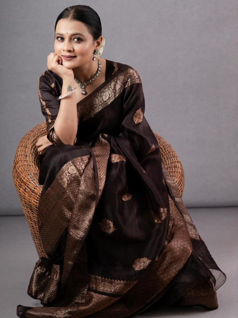 CaniBani Brown Silk Blend Banarasi Sarees