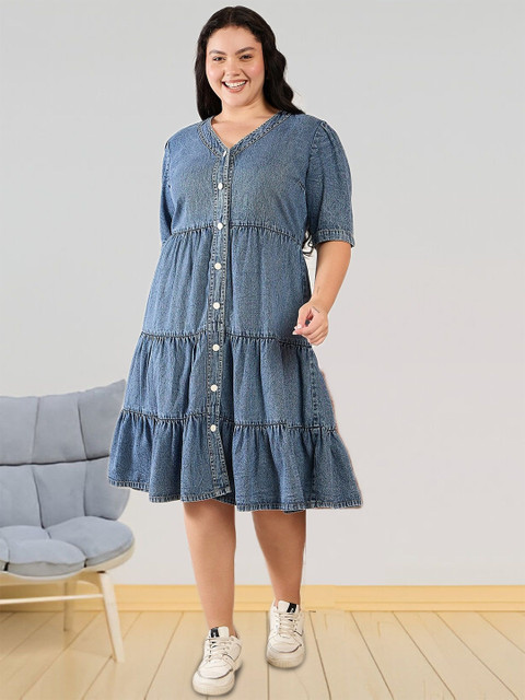 Sztori Women V-Neck Denim Tiered Midi Dress