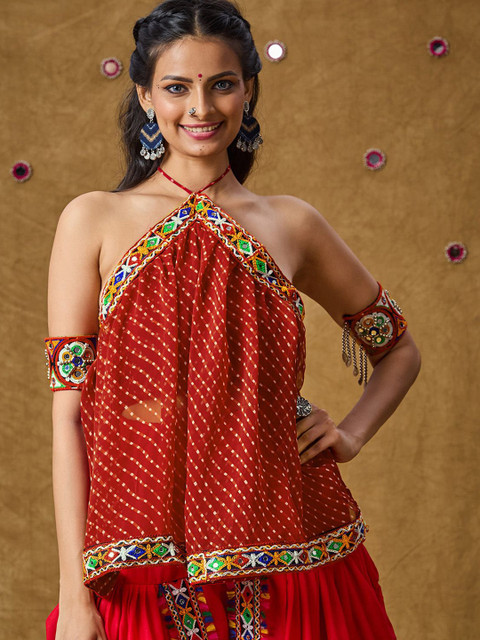 SALWAR STUDIO Women Leheriya Printed Embroidered Halter Neck Cotton Top